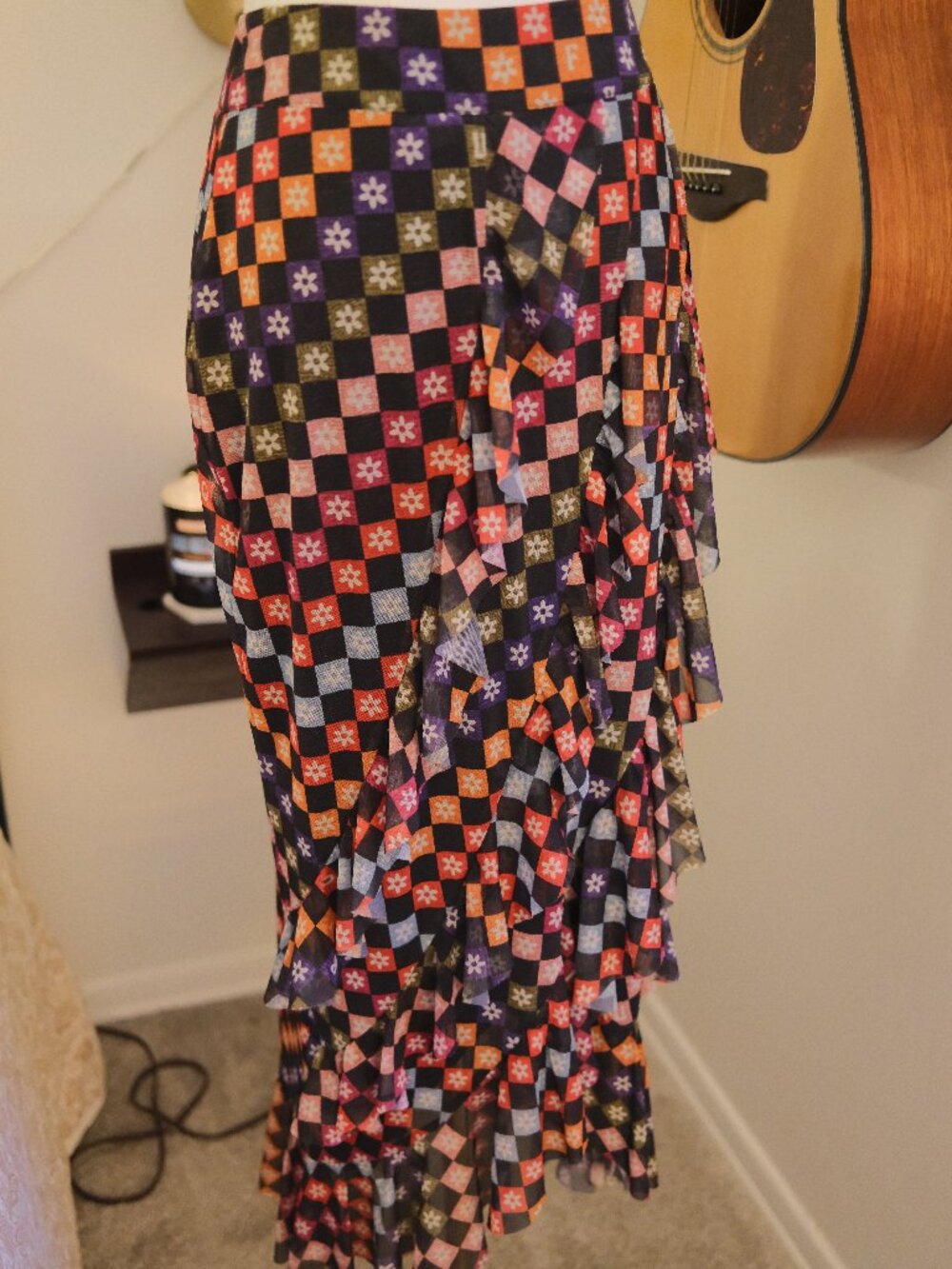 Farm Rio Anthropologie Colorful Check Floral Ruffle Midi Skirt Size XS